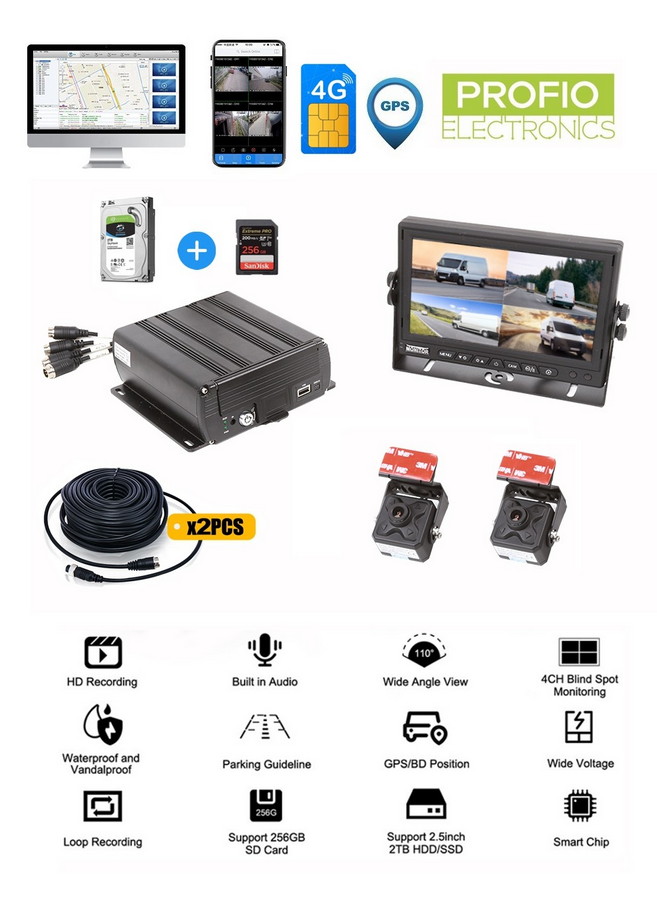 4 kamery do auta - DVR záznamník kamerový s Wifi + 4G SIM s FULL HD - PROFIO X7